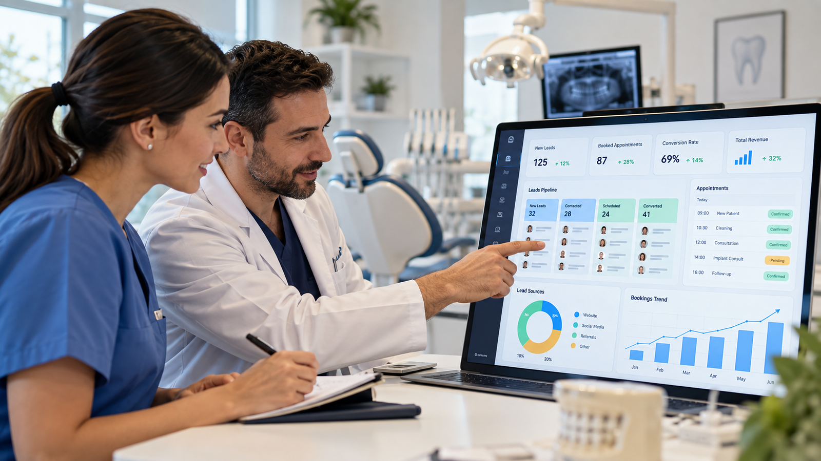 Dentist dhe asistente në një klinikë dentare duke analizuar në CRM lead-et e kualifikuara, rezervimet e pacientëve dhe rezultatet e Lead Generation për klinika dentare.