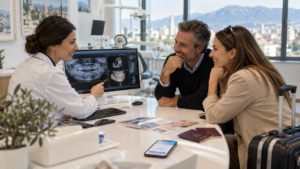 Dentiste duke konsultuar një çift pacientësh italianë në një klinikë dentare në Shqipëri, me imazhe dentare në ekran dhe elementë të turizmit dentar.