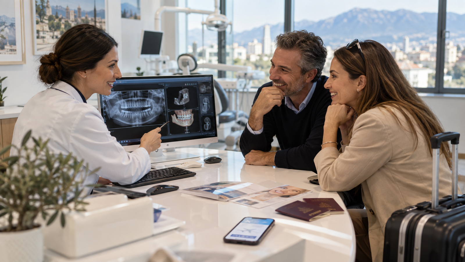Dentiste duke konsultuar një çift pacientësh italianë në një klinikë dentare në Shqipëri, me imazhe dentare në ekran dhe elementë të turizmit dentar.