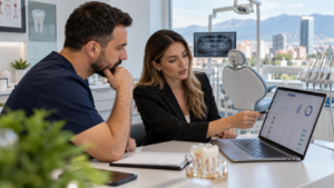 Dentist dhe specialiste marketingu në një klinikë dentare në Tiranë duke analizuar në CRM lead-e të kualifikuara për klinika dentare, cilësinë e kontakteve dhe rezervimet e pacientëve.