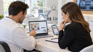 Dentist dhe specialiste marketingu duke krahasuar Lead Form dhe Landing Page për një klinikë dentare, me fokus te lead-et e kualifikuara dhe konvertimet.